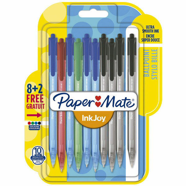 Papermate InkJoy 100 RT 8+2 Clip-on retractable ballpoint pen Medium Black,Blue,Green,Red 10pc(s)