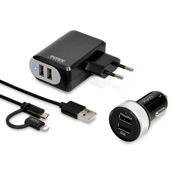 Port Designs 2 x USB-Wandladegerät & Autoladegerät + Kabel