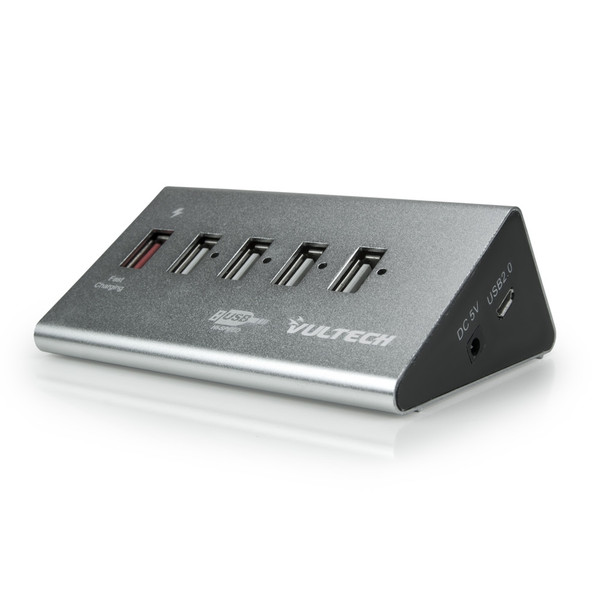 Vultech HU-05USB2 USB 2.0 480Мбит/с Алюминиевый, Черный хаб-разветвитель