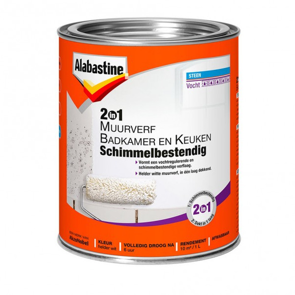 Alabastine 2in1 Muurverf Badkamer en Keuken Schimmelbestendig 1L Белый 1л 1шт