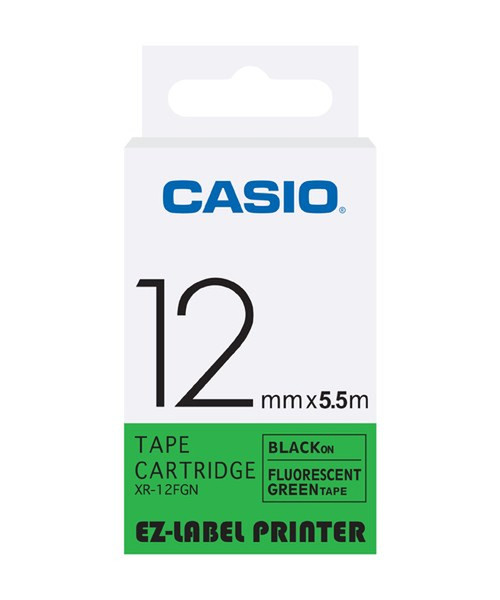 Casio XR-12FGN Black on green label-making tape