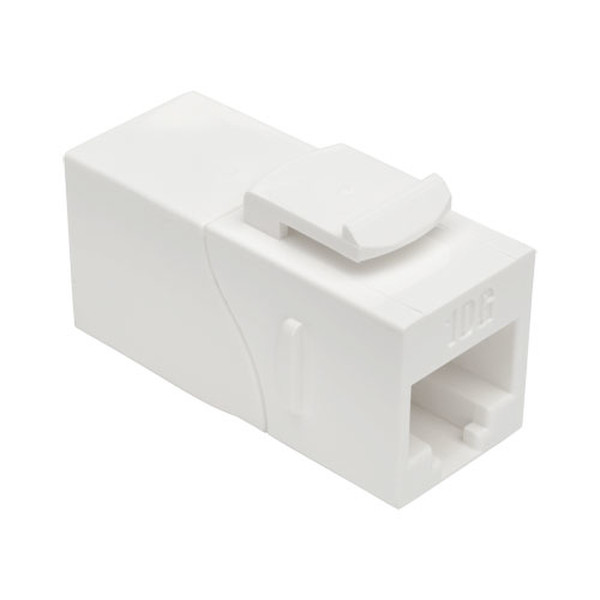 Tripp Lite Cat6a Straight-Through Modular In-Line Snap-In Coupler w/90-Degree Down-Angled Port, White (RJ45 F/F)