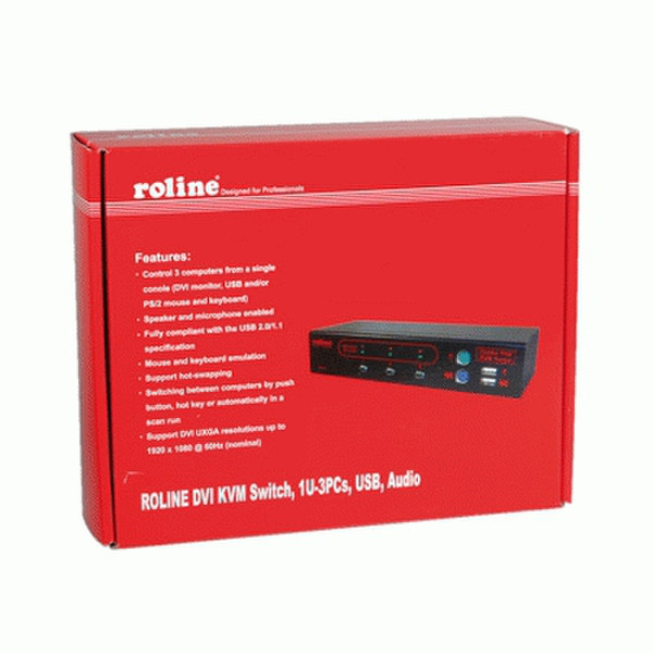 ROLINE KVM Switch, 1 User - 3 PCs, DVI, USB, Audio Cеребряный KVM переключатель