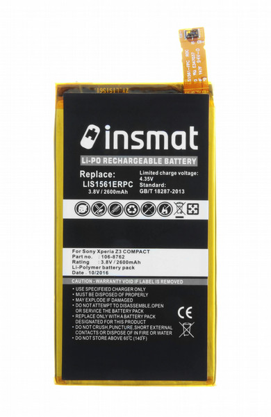 Insmat 106-8762 Lithium-Ion Polymer 2600mAh 3.8V rechargeable battery