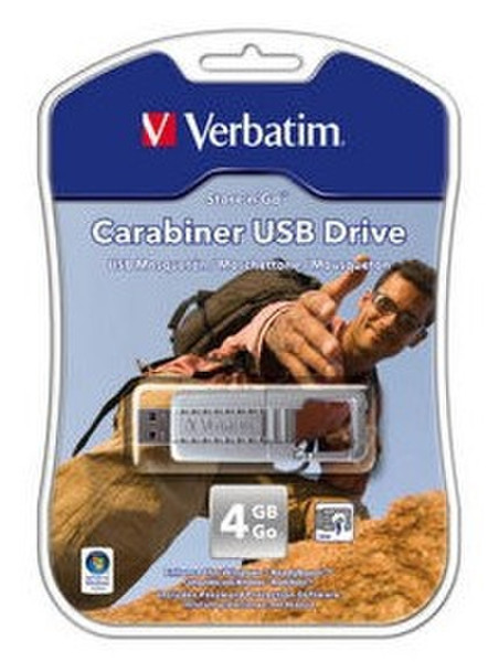 Verbatim 4GB Carabiner USB Drive 4ГБ USB 2.0 Тип -A Cеребряный USB флеш накопитель