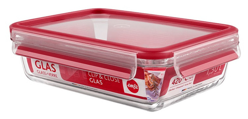 EMSA CLIP & CLOSE Glas Rectangular Box 1.3L Red,Transparent 1pc(s)