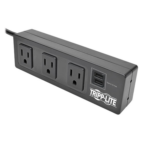 Tripp Lite Protect It! 3-Outlet Surge Protector with Desk Clamp, 10 ft. Cord, 510 Joules, 2 USB Charging Ports, Black Housing