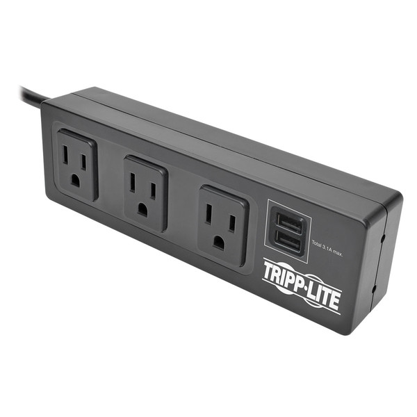 Tripp Lite Protect It! 3-Outlet Surge Protector with Mounting Brackets, 10 ft. Cord, 510 Joules, 2 USB Charging Ports, Black Housing