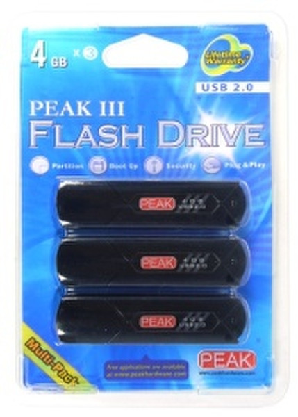 PEAK 3-Pack USB 2.0 Flash Drive 4GB 4ГБ USB 2.0 Тип -A Черный USB флеш накопитель