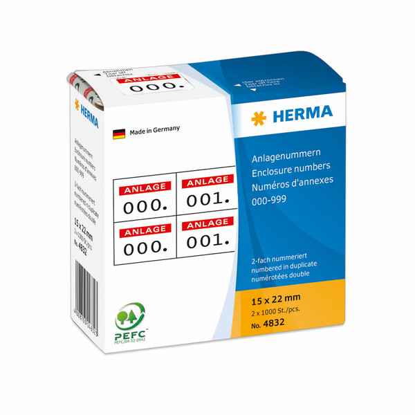 HERMA Enclosure numbers self-adhesive 2 labels printed in row 15x22 mm red printed, 0-999 self-adhesive label