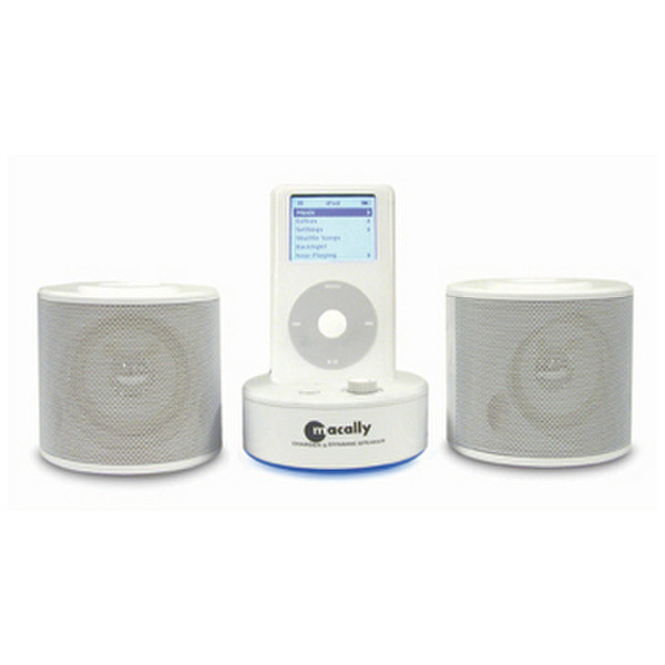 Macally Stereo speakers and charger for iPod/iPod mini/iPod photo w. EU power adapter 2W White loudspeaker