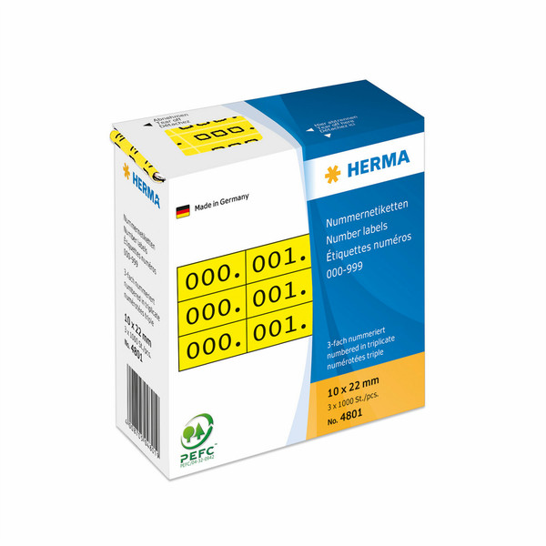 HERMA Number labels triplicate numbers self-adhesive 10x22 mm yellow/black self-adhesive label