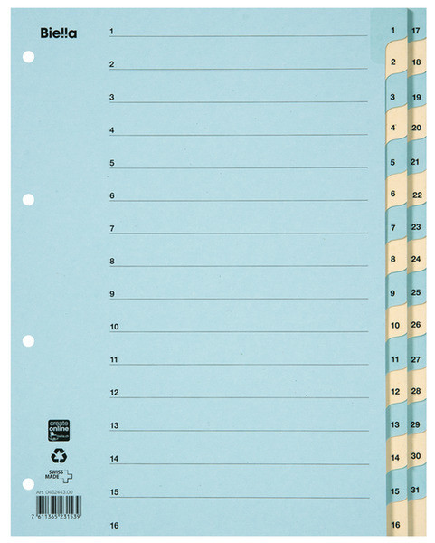 Biella 0462443.00 Numeric tab index Karton Blau, Gelb Tab-Register