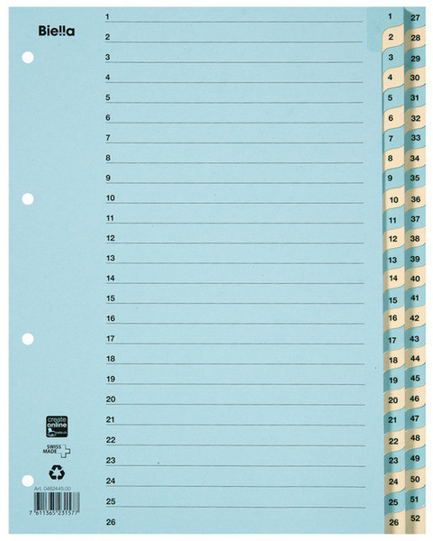 Biella 0462445.00 Numeric tab index Karton Blau, Gelb Tab-Register