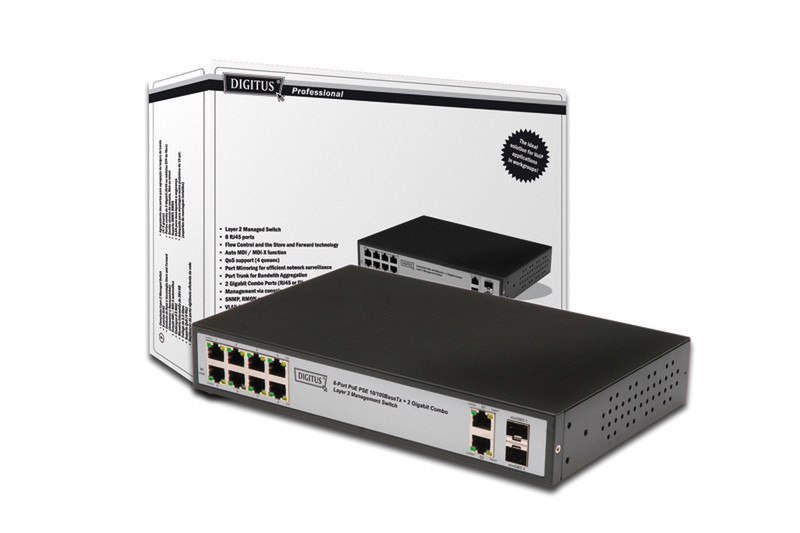 Digitus 8-port PoE Switch gemanaged L2 Energie Über Ethernet (PoE) Unterstützung Schwarz