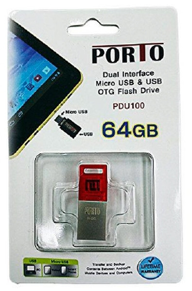 PORTO 64GB, USB 2.0 64ГБ USB 2.0 Type A/micro-B Красный USB флеш накопитель