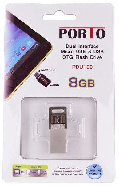 PORTO 8GB, USB 2.0 8GB USB 2.0 Type A/micro-B Black,Stainess steel USB flash drive