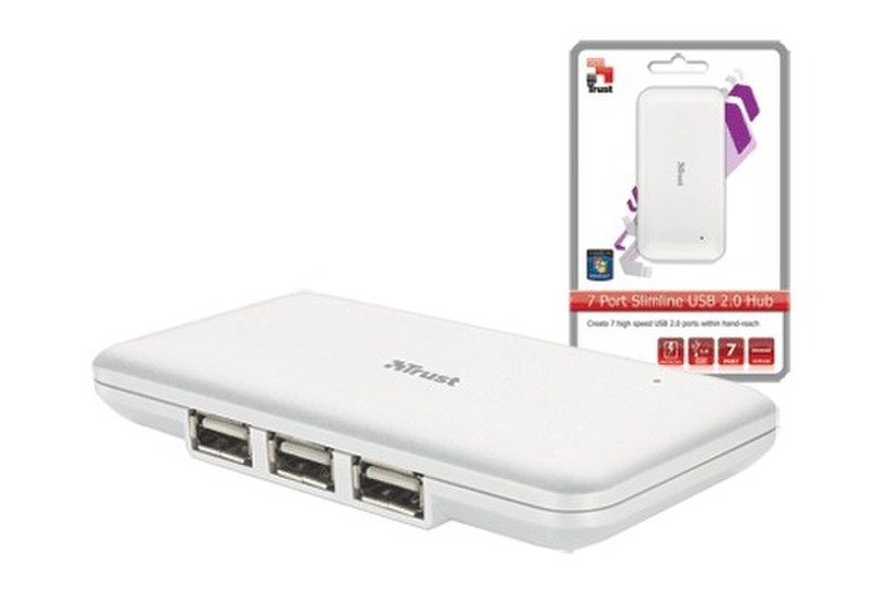 Trust 7 Port Slimline USB 2.0 Hub 480Мбит/с Белый хаб-разветвитель