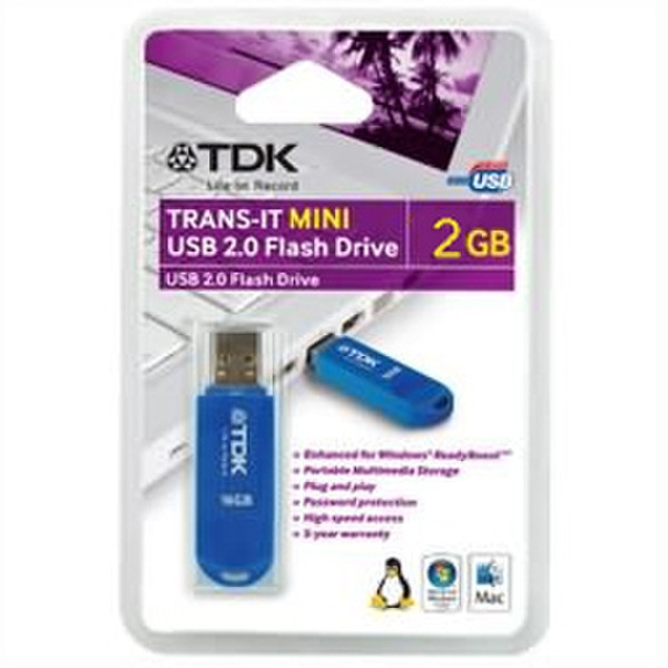 Imation TDK Life on Record Trans-It Mini, 2GB 2GB USB 2.0 Type-A Blue USB flash drive