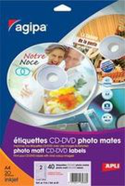 Agipa Matt photo labels. 20 sheets A4. ø 114 mm Белый 40шт самоклеящийся ярлык