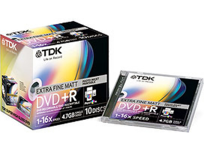 TDK DVD+R Inkjet Printable Extra Fine Matt 10-p. Jewel Case 4.7GB DVD+R 1Stück(e)