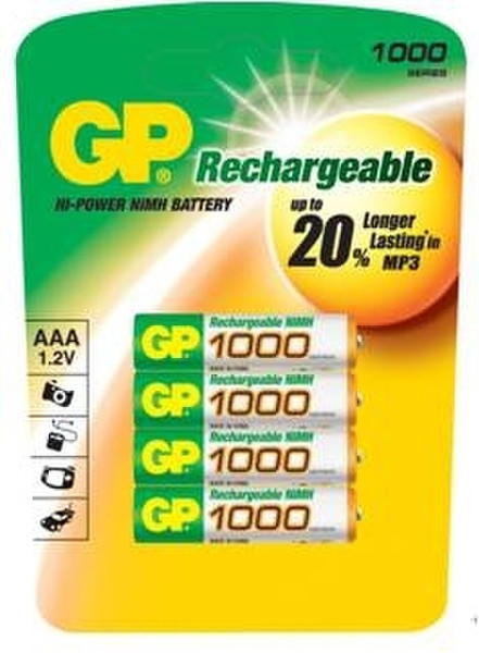 GP Batteries NiMH rechargeable batteries AAA 1000 mAh Accu 4-pack action Никель-металл-гидридный (NiMH) 1000мА·ч 1.2В аккумуляторная батарея