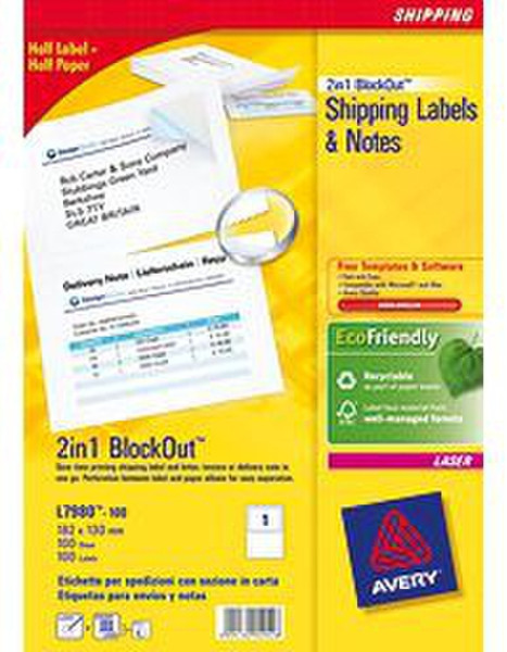 Avery 2 in 1 BlockOut Shipping Labels & Notes Белый 100шт самоклеящийся ярлык