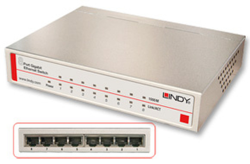 Lindy Network Switch - Gigabit, Desktop, 8 Port, 10/100/1000 Управляемый Power over Ethernet (PoE) Cеребряный