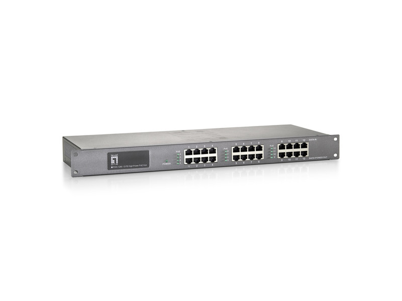 LevelOne 12-Port Fast Ethernet High Power PoE Injector Hub, 375W PoE adapter