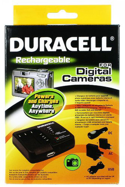 Duracell Camera Battery Charger w/ USB Charger Авто, Для помещений, Вне помещения Черный зарядное для мобильных устройств