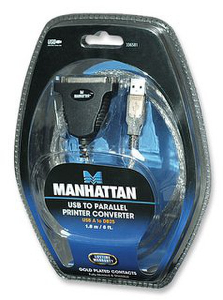Manhattan 336581 1x USB A 1x DB-25 Schwarz, Silber Kabelschnittstellen-/adapter