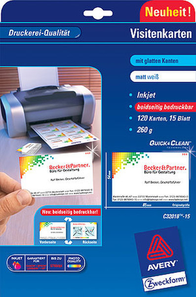 Avery Business Cards 85 x 54 Quick & Clean 15 Sheets 260 g/m² 120Stück(e) Visitenkarte