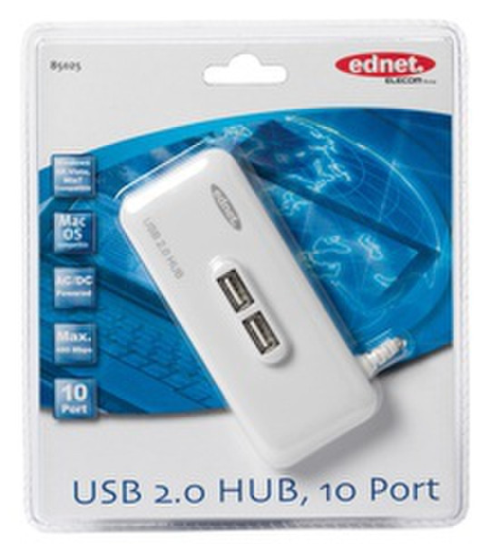 Ednet USB HUB 2.0, 10 Port 480Mbit/s White interface hub