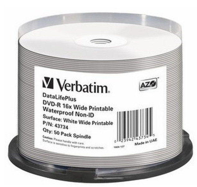Verbatim DVD-R 16x Wide Printable Waterproof No ID Brand 4.7GB DVD-R 50pc(s)