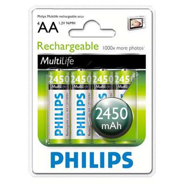 Philips Rechargeable accu AA, 2450 mAh Nickel-Metal Hydride Nickel-Metal Hydride (NiMH) 2450mAh 1.2V rechargeable battery