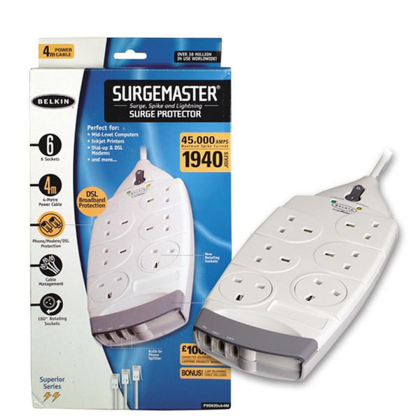 Belkin 6-Socket SurgeMaster Superior Series with Telephone Protection 6AC outlet(s) 230V Weiß Spannungsschutz