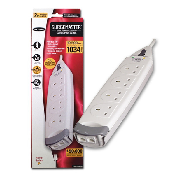 Belkin 4-Socket SurgeMaster, with Telephone Protection 4AC outlet(s) 2m White surge protector