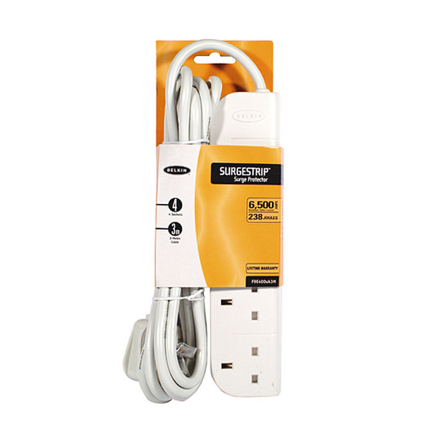 Belkin E-Series 4 Socket, 3-Metre SurgeStrip™ 4розетка(и) 230В 3м Белый сетевой фильтр