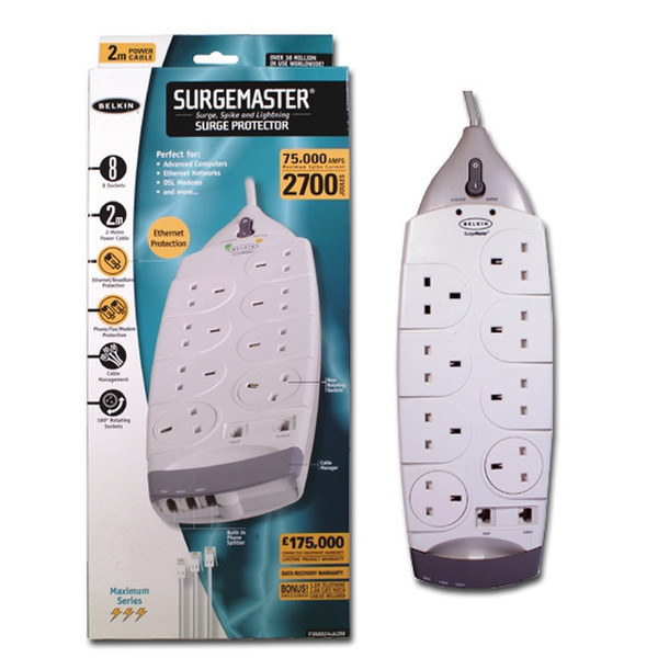 Belkin 8-Socket SurgeMaster Maximum Series, Networking Surge 8AC outlet(s) 2m White surge protector