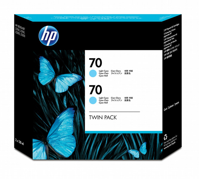 HP 70, Упаковка 2 шт., Струйный картридж DesignJet, 130 мл, Светло-голубой