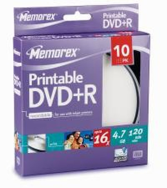 Memorex 16X Printable DVD+R 4.7GB, 10 Pack Cakebox 4.7GB 10Stück(e)