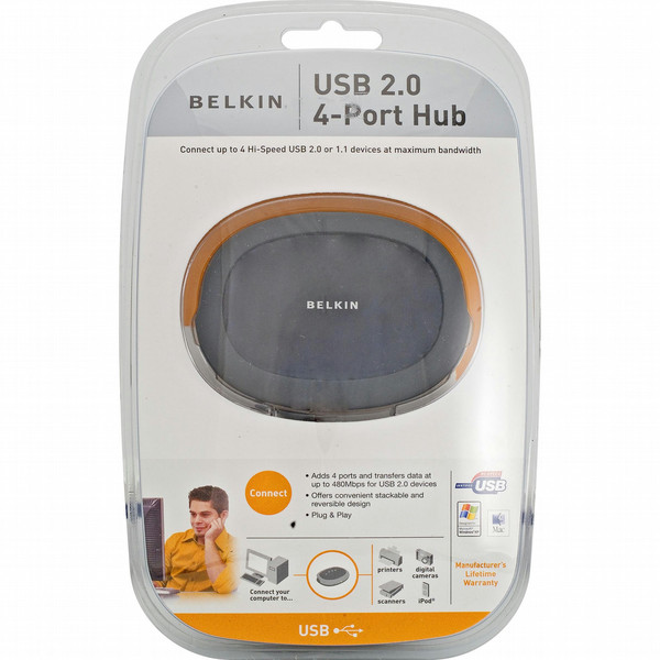 Belkin Hi-Speed USB 2.0 4-Port Hub - hub - 4 ports 480Мбит/с Серый хаб-разветвитель