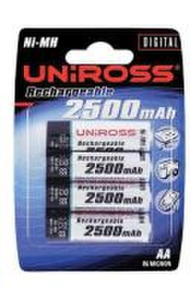 Uniross 4 x Ni-MH 2500MaH AA Batteries Nickel-Metal Hydride (NiMH) 2500mAh 1.2V rechargeable battery