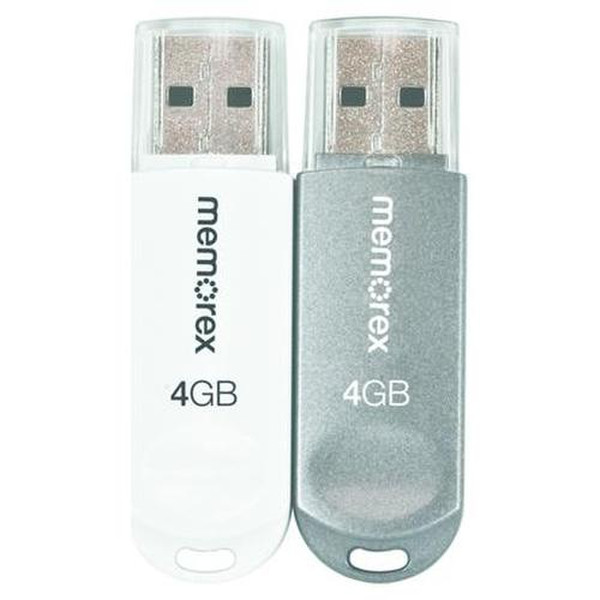 Memorex Mini TravelDrive 4ГБ USB 2.0 Тип -A Cеребряный, Белый USB флеш накопитель