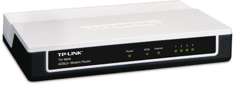 TP-LINK TD-8840B + splitter, ADSL2+-Modem-Router Annex B with 4-Port-Switch Eingebauter Ethernet-Anschluss ADSL Schwarz, Weiß Kabelrouter