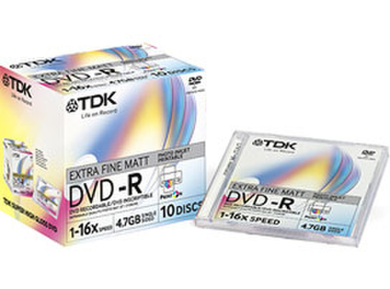 TDK DVD-R Inkjet Printable Extra Fine Matt, 4.7 GB, 10 Pack 4.7GB DVD-R 10pc(s)