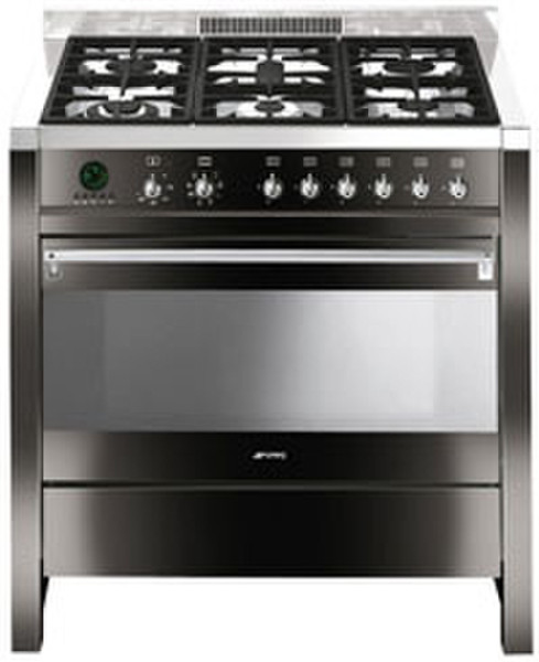 Smeg CS19N6 CUCINE CUCINA 90 CM, ACCIAIO INOX/NERO LUCIDO, CLASSE ENERGETICA A. PIANO COTTURA 6 BR Отдельностоящий Gas hob Черный