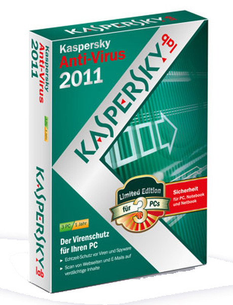 Kaspersky Lab Anti-Virus 2011, 3u 3пользов. 1лет DEU