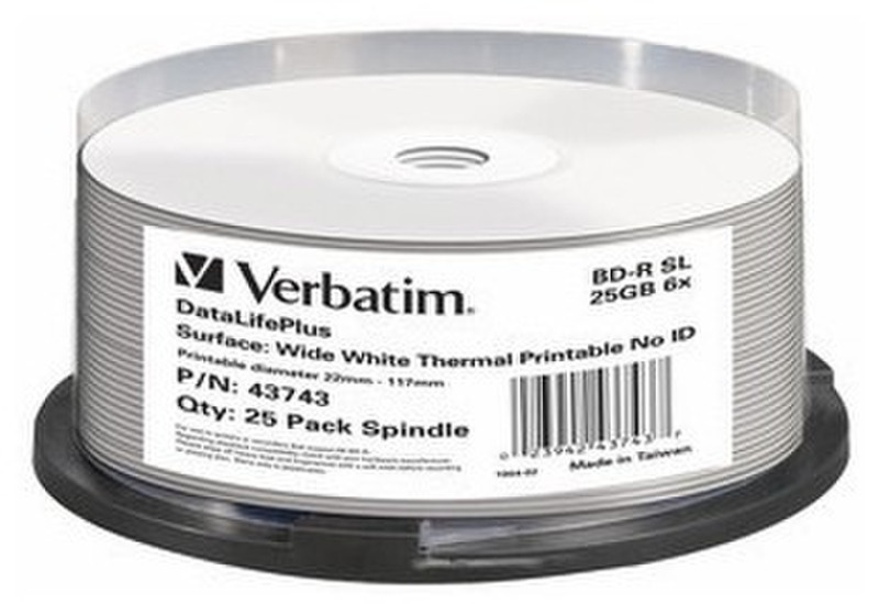 Verbatim BD-R 25GB 6x Wide White Thermal Printable 25 Pack Spindle - No ID Brand 25ГБ