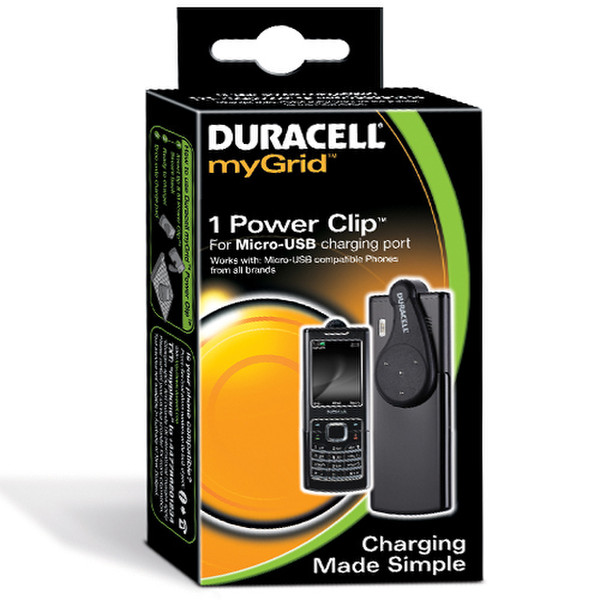 Duracell myGrid Micro USB Power Clip Indoor Black mobile device charger